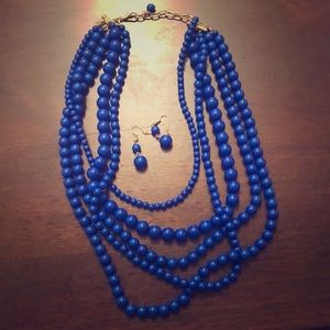 Blue Multi-Layered Beaded Necklace with Earrings